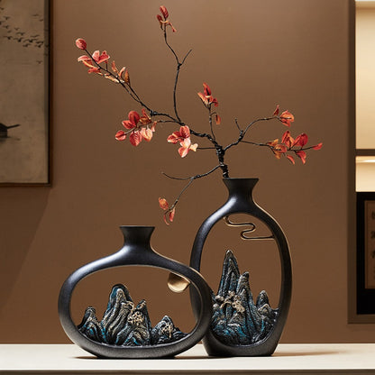 Vase en résine art déco avec décor de paysage chinois, vase cylindrique pour décoration de salon, d'armoire à vin et de bureau