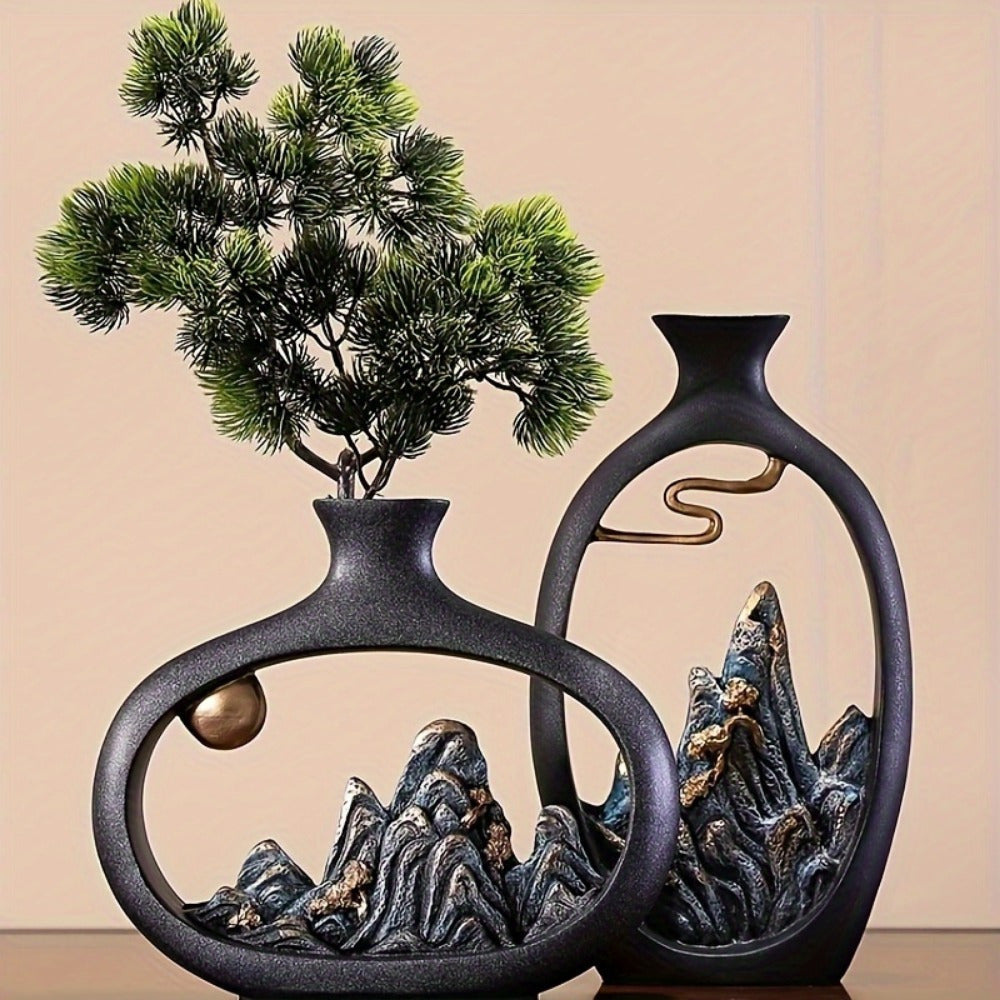 Vase en résine art déco avec décor de paysage chinois, vase cylindrique pour décoration de salon, d'armoire à vin et de bureau