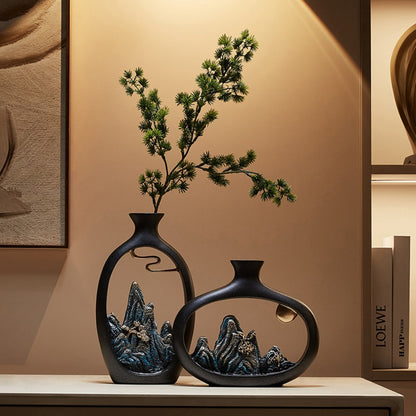 Vase en résine art déco avec décor de paysage chinois, vase cylindrique pour décoration de salon, d'armoire à vin et de bureau