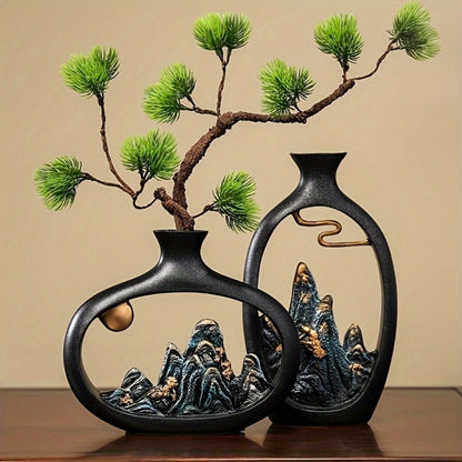 Vase en résine art déco avec décor de paysage chinois, vase cylindrique pour décoration de salon, d'armoire à vin et de bureau