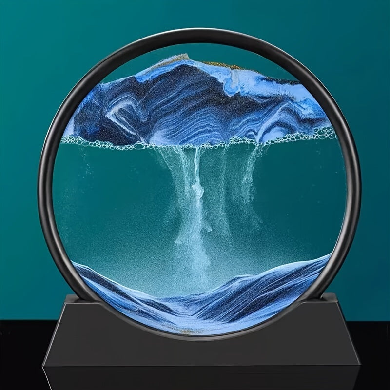 Art de sable dynamique : tableau de sable liquide 3D en cadre rond en verre, paysage marin en mouvement sans batterie, décor pour la maison de 7 pouces.