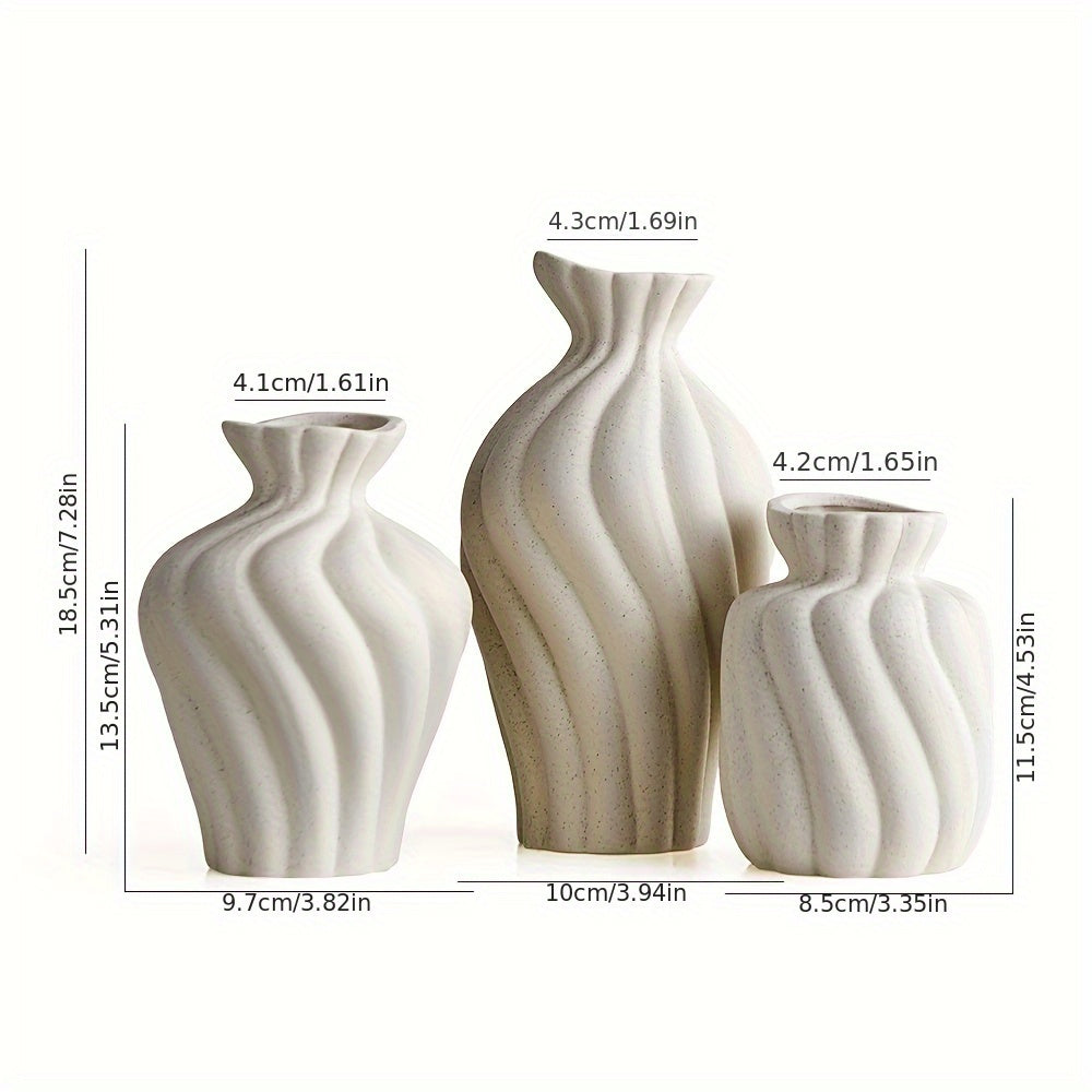 Vase en céramique boho blanc - Ensemble de 3 pièces avec design géométrique et rayures pour la décoration intérieure et les cadeaux