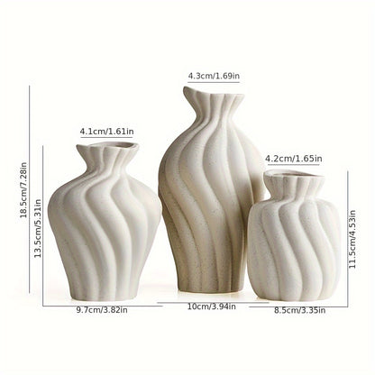 Vase en céramique boho blanc - Ensemble de 3 pièces avec design géométrique et rayures pour la décoration intérieure et les cadeaux