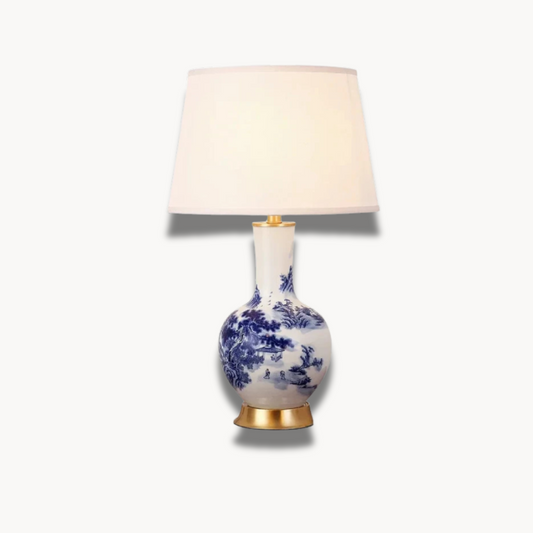 Chinoiserie - Lampe de bureau traditionnelle en céramique avec abat-jour en tissu pour une décoration élégante