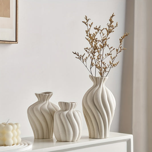 Vase en céramique boho blanc - Ensemble de 3 pièces avec design géométrique et rayures pour la décoration intérieure et les cadeaux