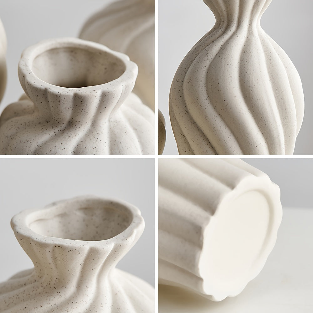 Vase en céramique boho blanc - Ensemble de 3 pièces avec design géométrique et rayures pour la décoration intérieure et les cadeaux