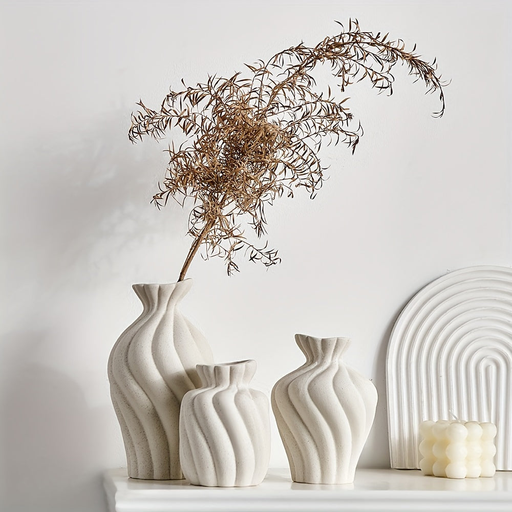 Vase en céramique boho blanc - Ensemble de 3 pièces avec design géométrique et rayures pour la décoration intérieure et les cadeaux