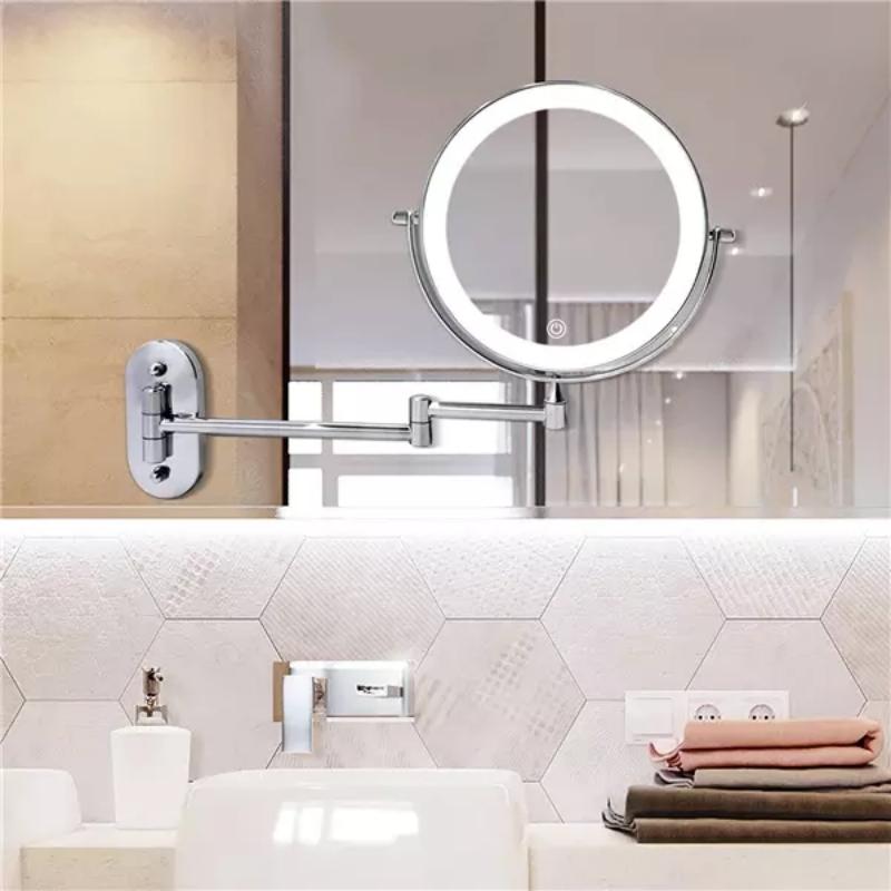 Miroir LED Rechargeable en Argent Chromé avec Grossissement pour Maquillage et Salle de Bain