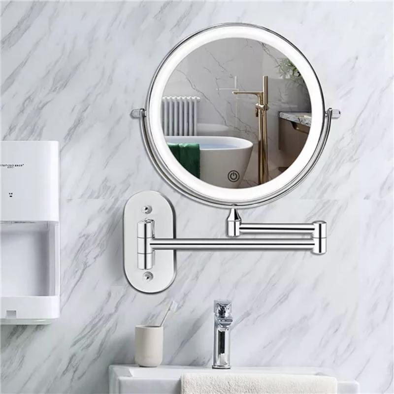 Miroir LED Rechargeable en Argent Chromé avec Grossissement pour Maquillage et Salle de Bain