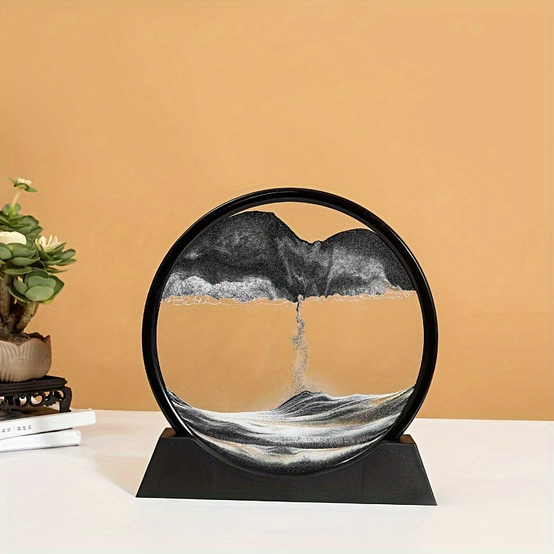 Art de sable dynamique : tableau de sable liquide 3D en cadre rond en verre, paysage marin en mouvement sans batterie, décor pour la maison de 7 pouces.