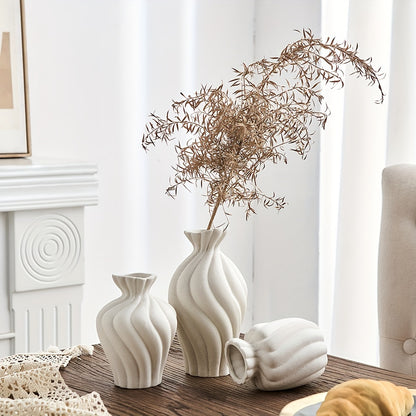 Vase en céramique boho blanc - Ensemble de 3 pièces avec design géométrique et rayures pour la décoration intérieure et les cadeaux