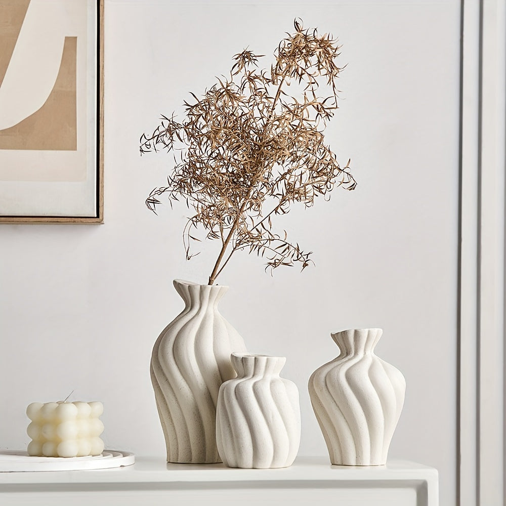 Vase en céramique boho blanc - Ensemble de 3 pièces avec design géométrique et rayures pour la décoration intérieure et les cadeaux