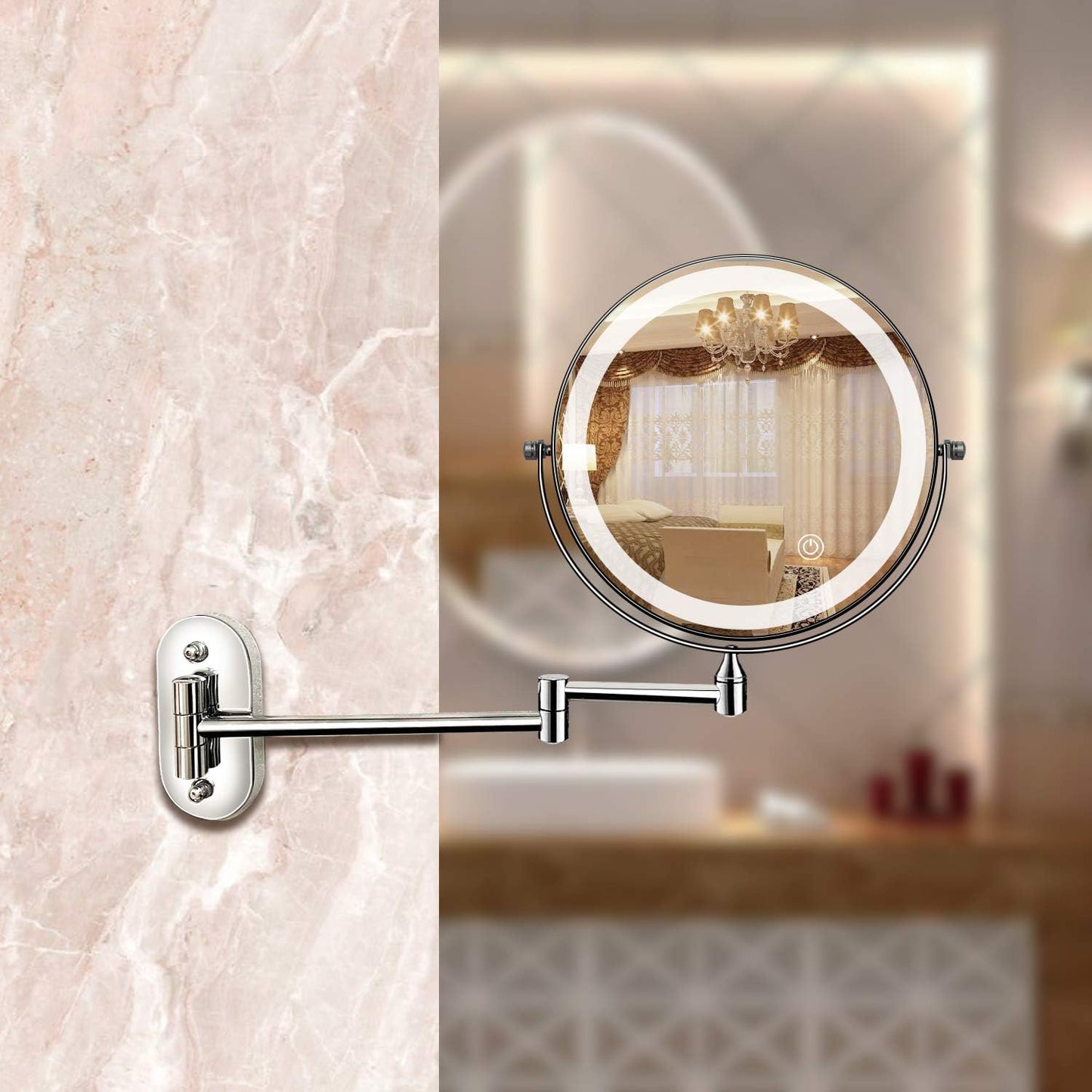 Miroir LED Rechargeable en Argent Chromé avec Grossissement pour Maquillage et Salle de Bain