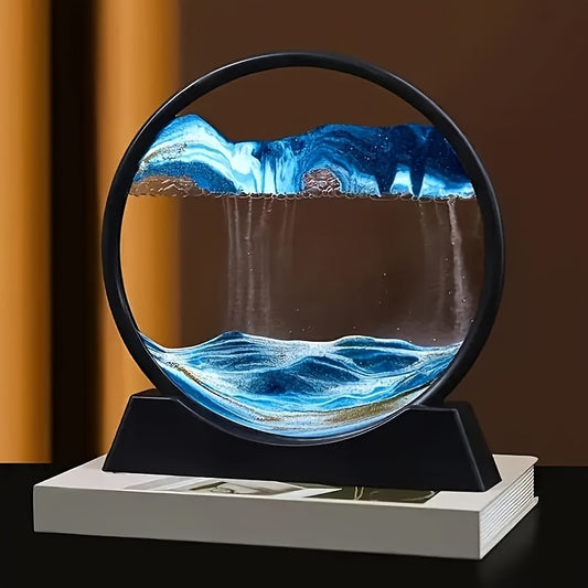 Art de sable dynamique : tableau de sable liquide 3D en cadre rond en verre, paysage marin en mouvement sans batterie, décor pour la maison de 7 pouces.