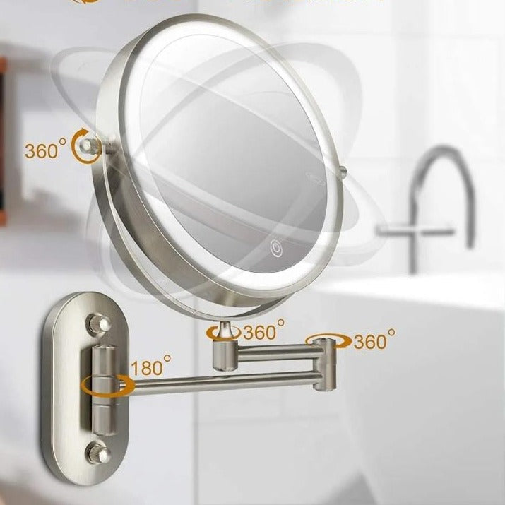 Miroir LED Rechargeable en Argent Chromé avec Grossissement pour Maquillage et Salle de Bain