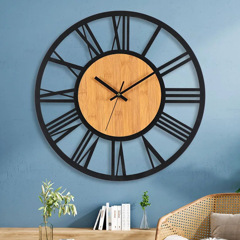 Horloge murale 3D rétro en bois et métal avec chiffres romains, design nordique pour décoration intérieure élégante