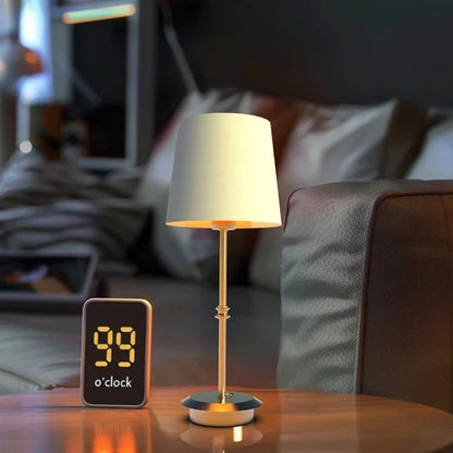 Lumière - Lampe de table rechargeable en tissu doré avec abat-jour moderne pour restaurant ambiance farmhouse