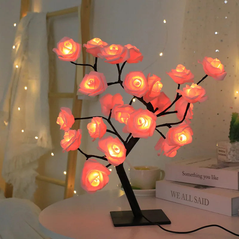 Rose - Lampadaire féérique 24 LED en forme d'arbre avec roses rouges pour décoration intérieure et cadeaux