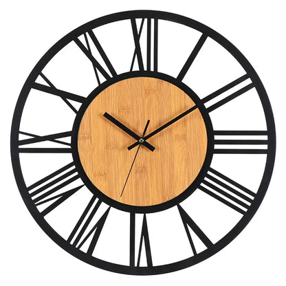 Horloge murale 3D rétro en bois et métal avec chiffres romains, design nordique pour décoration intérieure élégante