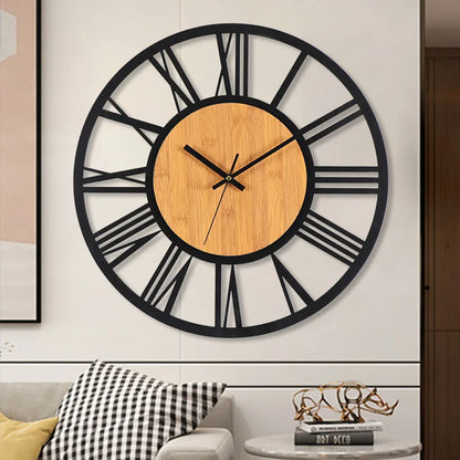 Horloge murale 3D rétro en bois et métal avec chiffres romains, design nordique pour décoration intérieure élégante