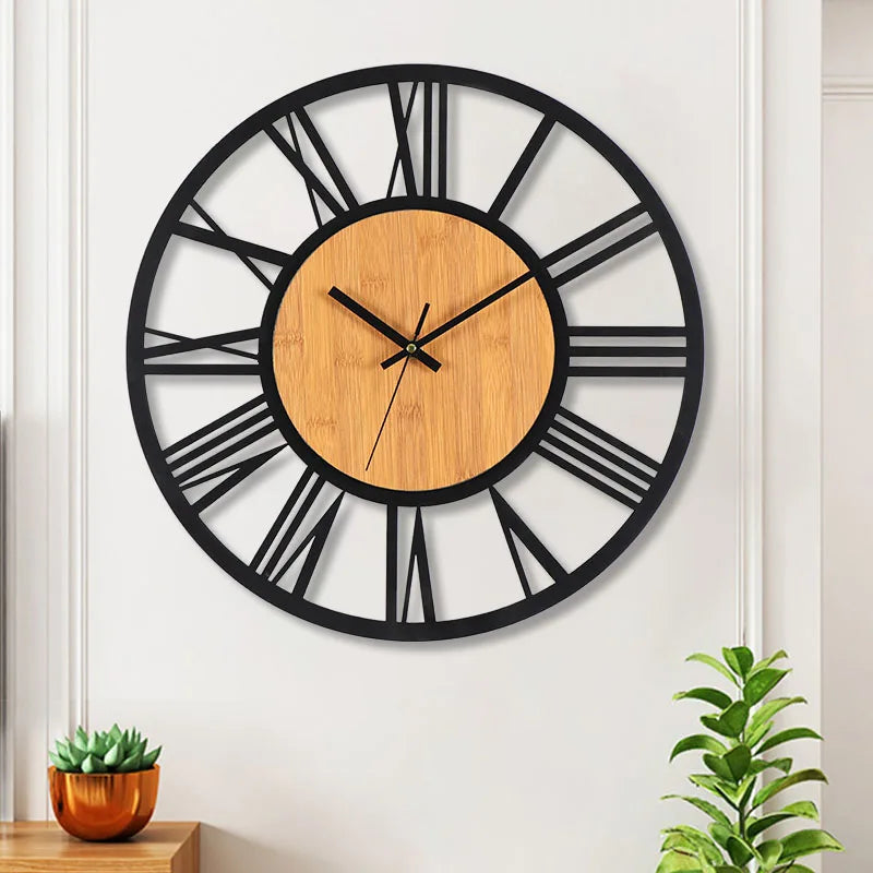 Horloge murale 3D rétro en bois et métal avec chiffres romains, design nordique pour décoration intérieure élégante