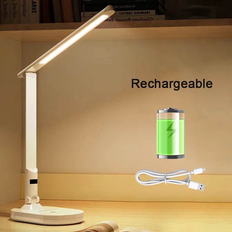 Lumière de bureau LED - Lampe de table pliable à intensité variable avec protection des yeux et recharge USB