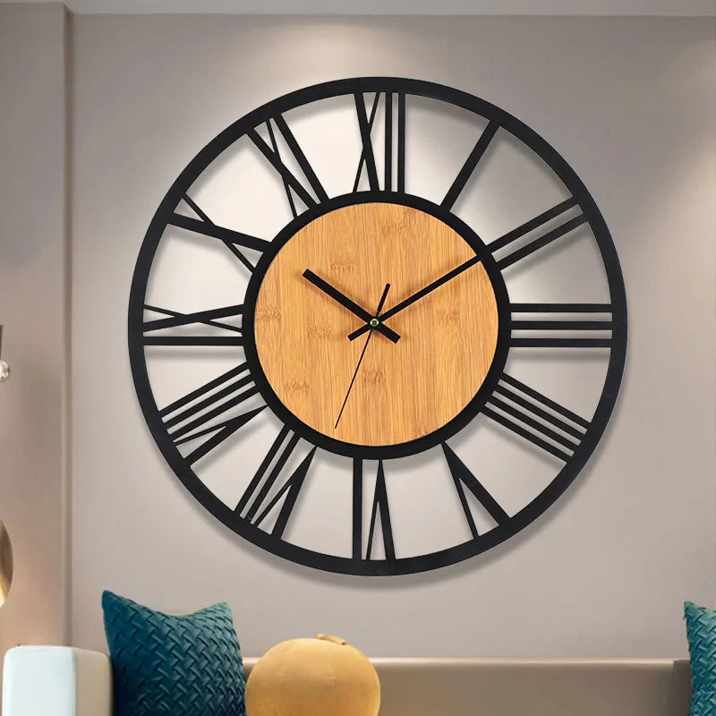 Horloge murale 3D rétro en bois et métal avec chiffres romains, design nordique pour décoration intérieure élégante