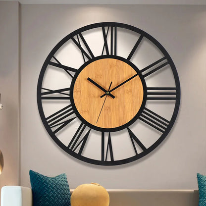 Horloge murale 3D rétro en bois et métal avec chiffres romains, design nordique pour décoration intérieure élégante