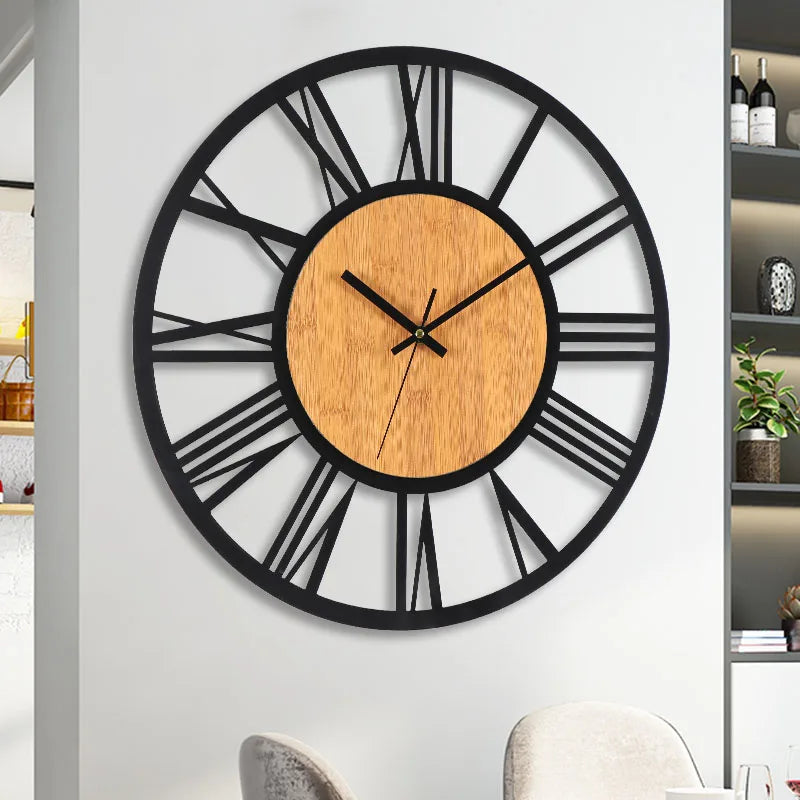 Horloge murale 3D rétro en bois et métal avec chiffres romains, design nordique pour décoration intérieure élégante