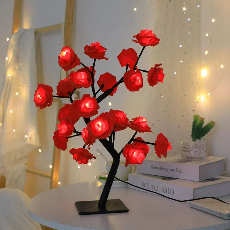 Rose - Lampadaire féérique 24 LED en forme d'arbre avec roses rouges pour décoration intérieure et cadeaux