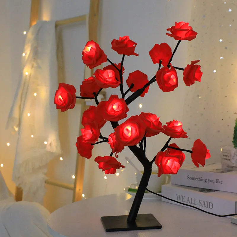 Rose - Lampadaire féérique 24 LED en forme d'arbre avec roses rouges pour décoration intérieure et cadeaux