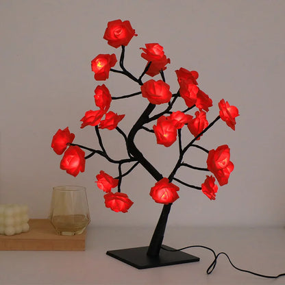 Rose - Lampadaire féérique 24 LED en forme d'arbre avec roses rouges pour décoration intérieure et cadeaux