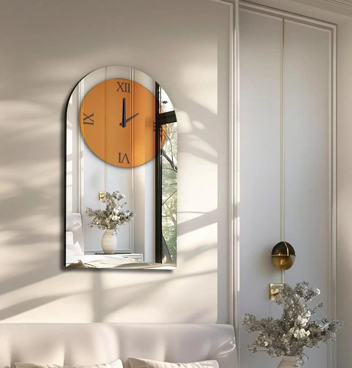 Horloge murale moderne en verre argenté avec chiffres romains pour décoration de salon et chambre