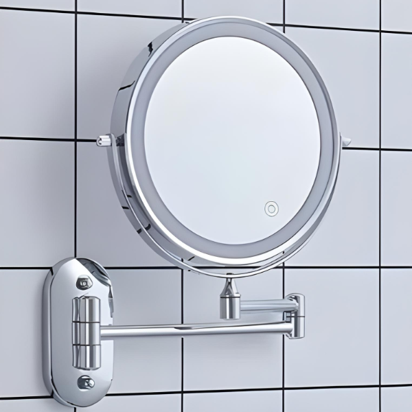 Miroir LED Rechargeable en Argent Chromé avec Grossissement pour Maquillage et Salle de Bain