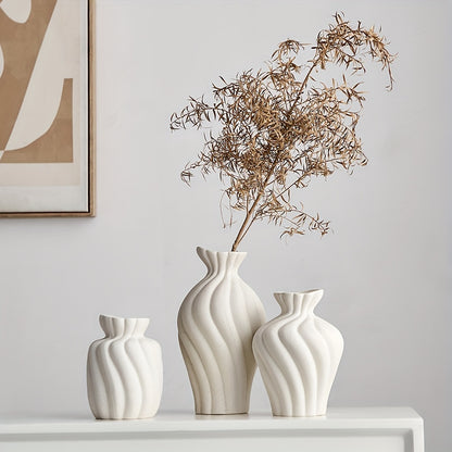 Vase en céramique boho blanc - Ensemble de 3 pièces avec design géométrique et rayures pour la décoration intérieure et les cadeaux