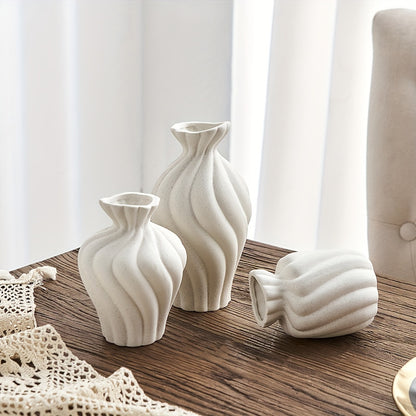 Vase en céramique boho blanc - Ensemble de 3 pièces avec design géométrique et rayures pour la décoration intérieure et les cadeaux