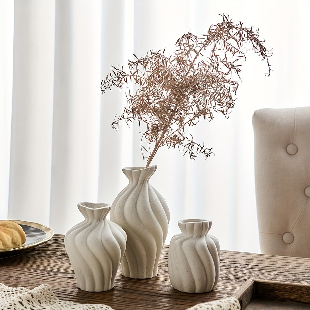 Vase en céramique boho blanc - Ensemble de 3 pièces avec design géométrique et rayures pour la décoration intérieure et les cadeaux