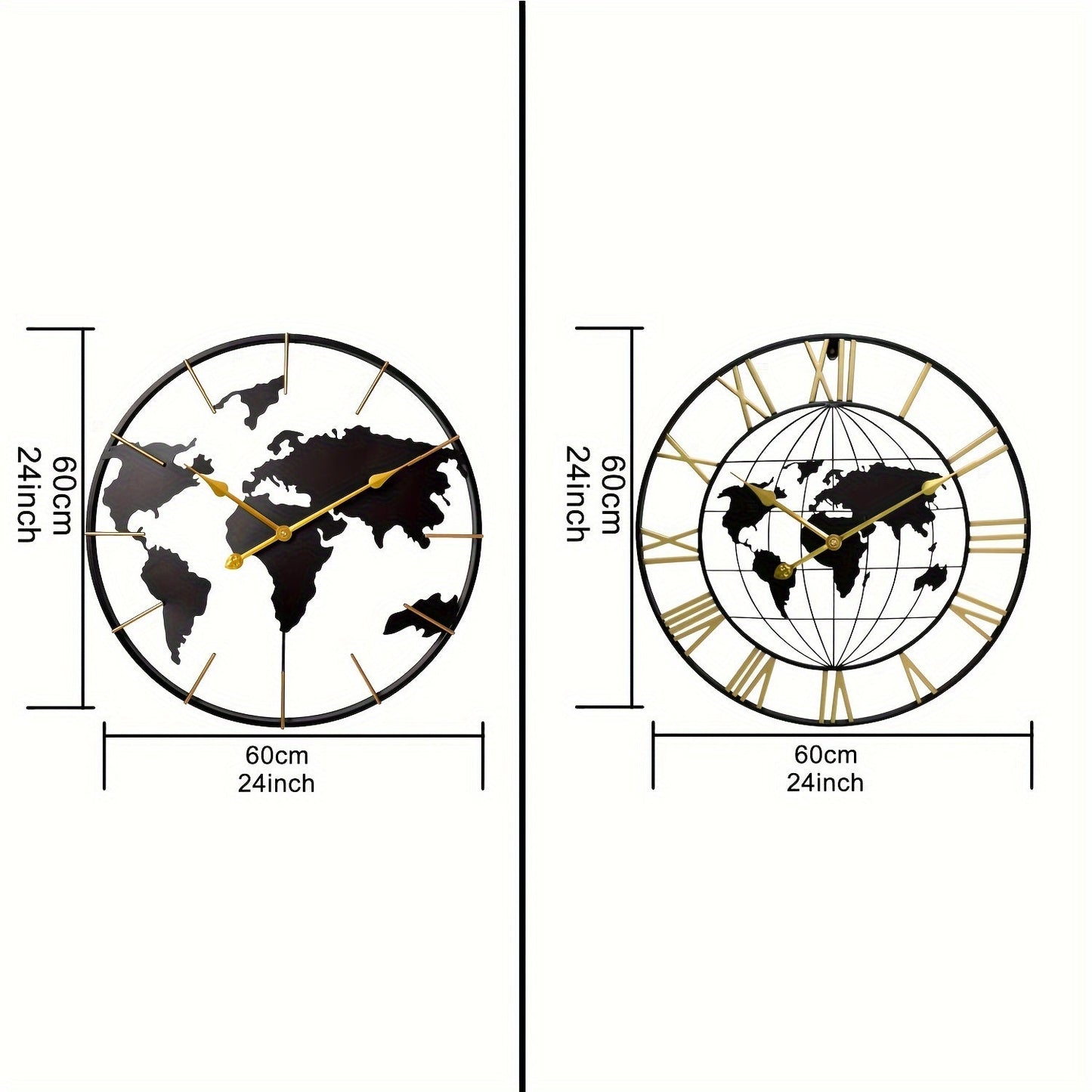 Grande horloge murale carte du monde - Design en métal silencieux