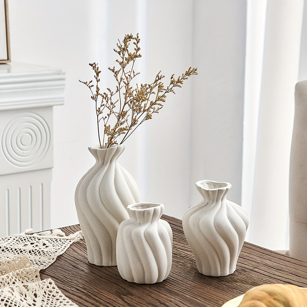 Vase en céramique boho blanc - Ensemble de 3 pièces avec design géométrique et rayures pour la décoration intérieure et les cadeaux