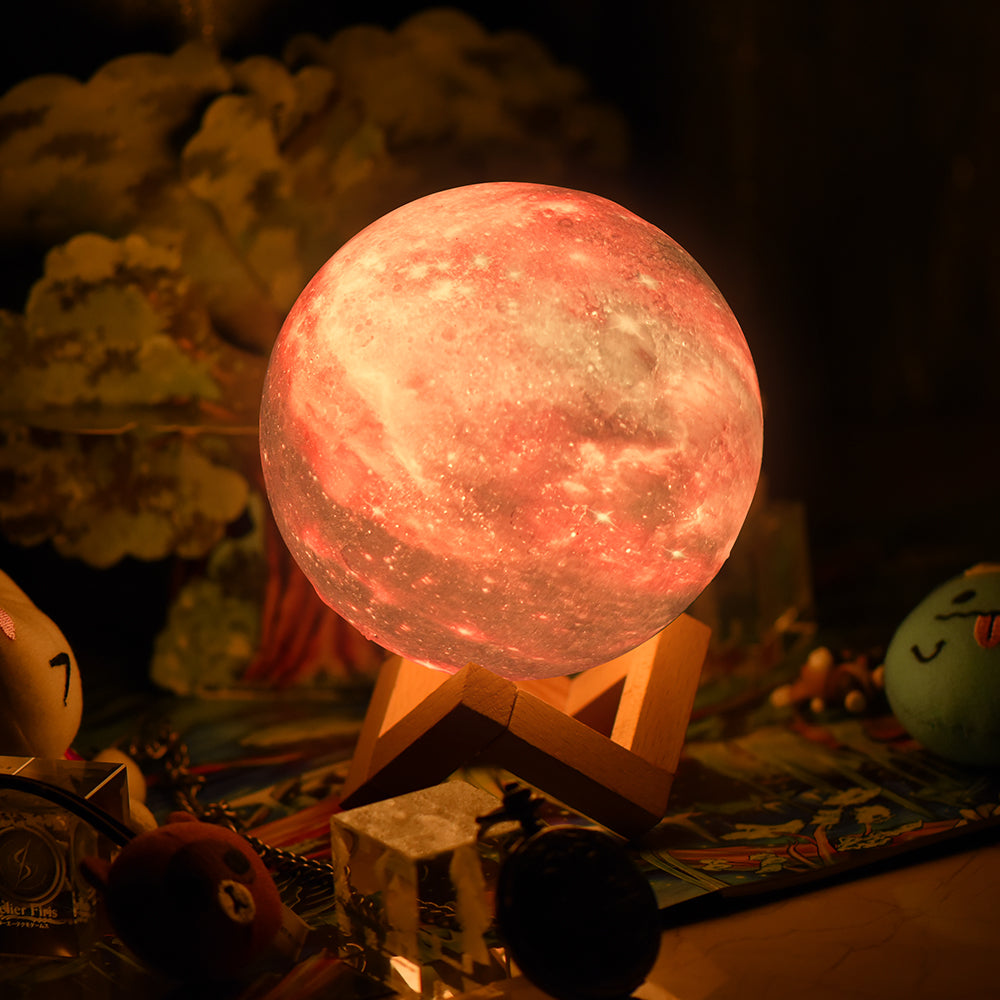 Léo - Lampe de lune 3D changeante de couleur avec télécommande et support en bois